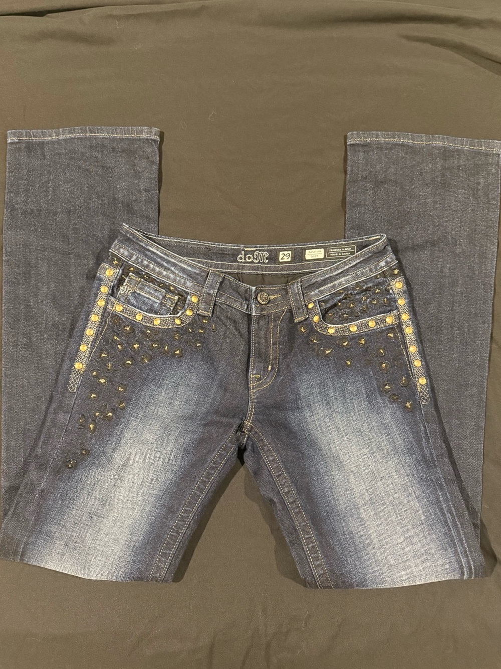 Miss Me Dark Blue Denim Boot Cut Jeans with Gold Stud Accents